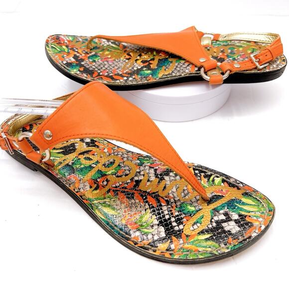 SAM EDELMAN Greta UK EDITION Size 8.5 Orange Floral Flat Sandal Slingback Shoes - Picture 1 of 8